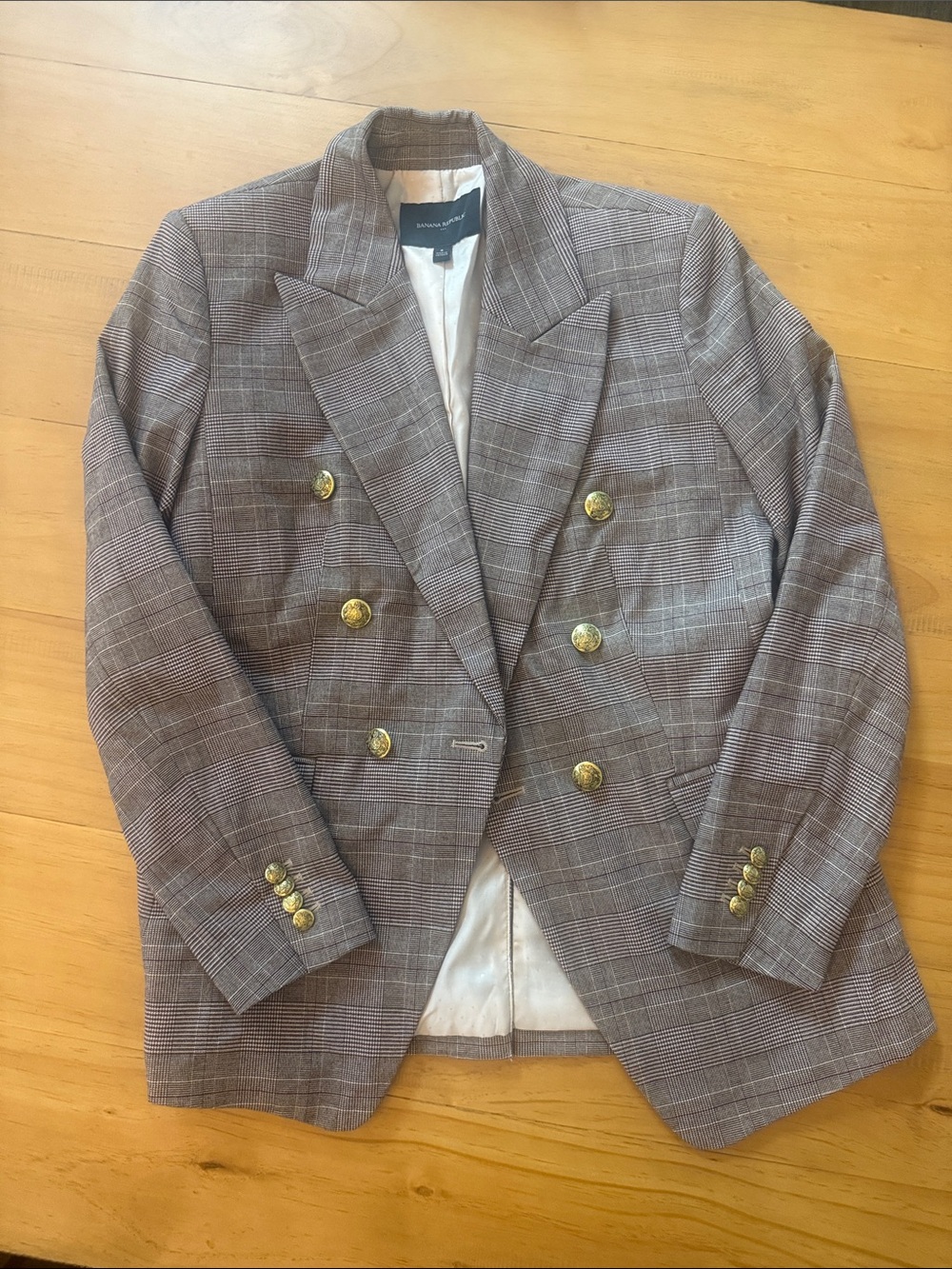 Banana Republic Brown Plaid Double-Breasted Blazer with Gold Buttons
